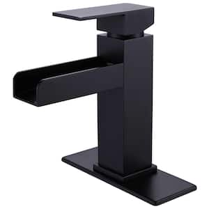 Single Handle Single Hole Waterfall Bathroom Faucet with Deckplate Modern Brass Bathroom Sink Taps in Matte Black