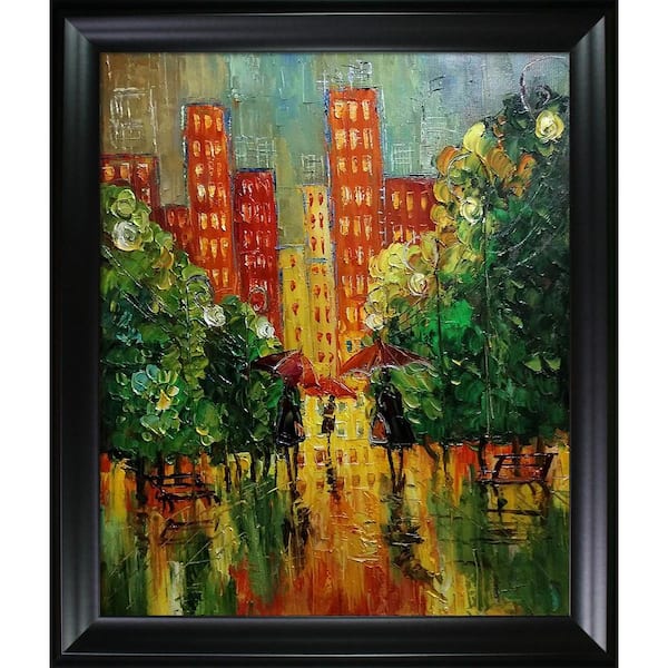LA PASTICHE Rain, In The City Reproduction by Justyna Kopania Black Matte Framed Architecture Oil Painting Art Print 25 in. x 29 in.