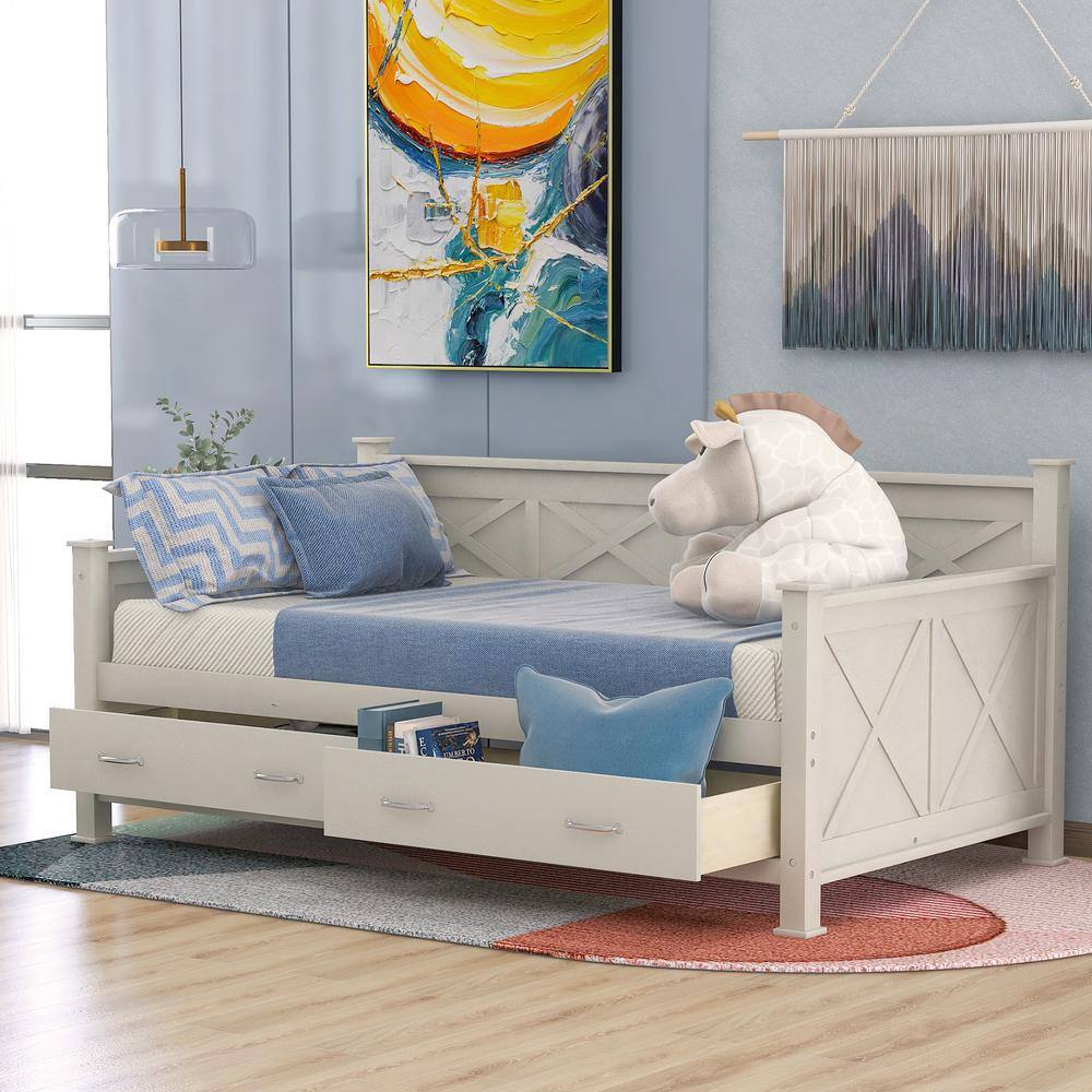 Qualler White Twin Size Rustic X-shaped Frame Daybed With 2-large 