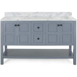 61 in. W x 22 in. D x 40 in. H Double Sink Freestanding Bath Vanity in Gray with White Marble Top and Storage Cabinet