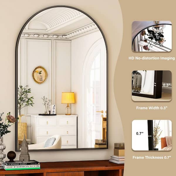 Black 30 in. W x 40 in. H Arched Bathroom Mirror Mirror Wall Aluminum Alloy Framed Mirror