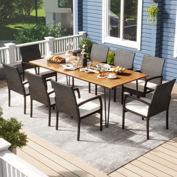 9-Piece Wicker Black Rectangle Outdoor Dining Set with White Cushions and Umbrella Hole