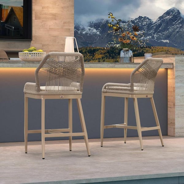 PURPLE LEAF Modern Aluminum Twill Wicker Woven Counter Height Outdoor Bar Stool with Back and Sunbrella Khaki Cushion (2-Pack)