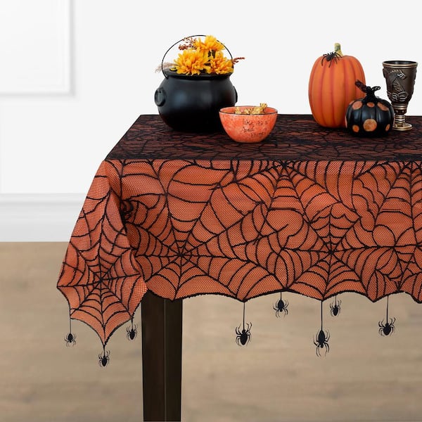 Elrene Crawling Halloween Spider Lace Lined 60 in. W x 84 in. L Black/Orange Tablecloth