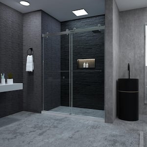 Aohl 60 in. W x 72 in. H Sliding Semi-Frameless Shower Door in Chrome with Clear Glass