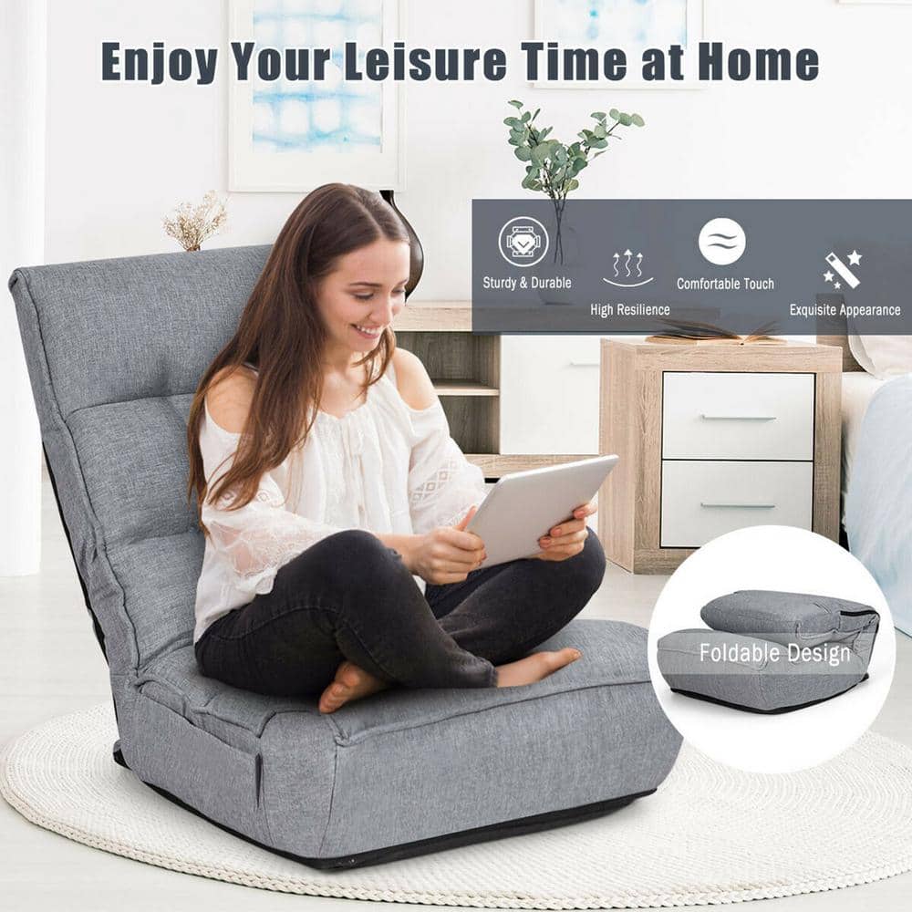 Gray Adjustable Metal Frame Floor Chair with Linen Upholstery