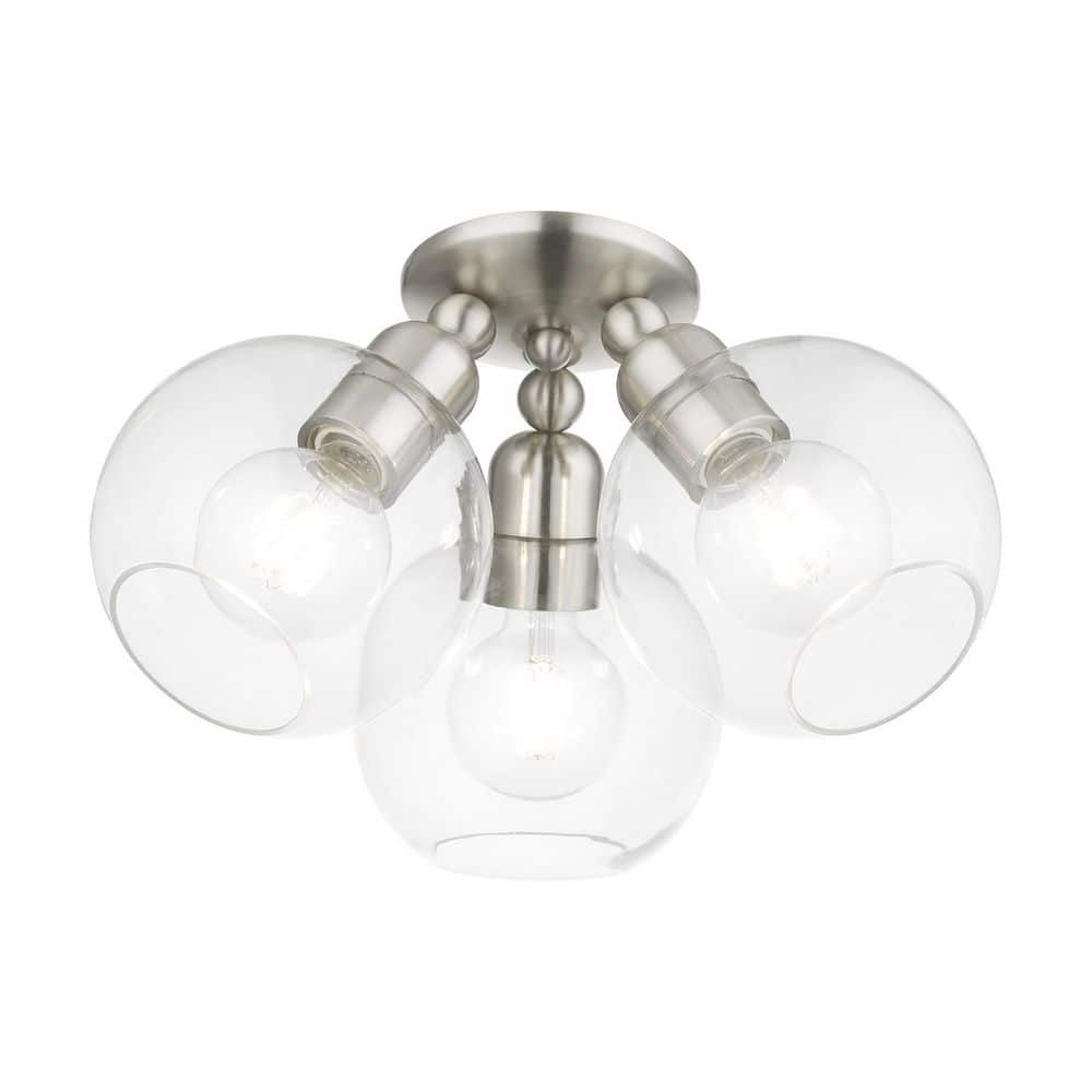 Brushed Nickel 3-Light Semi-Flush Mount with Clear Glass Shades