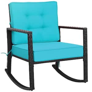 Wicker Outdoor Rocking Chair Patio Lawn Rattan Single Chair Glider with Turquoise Cushion