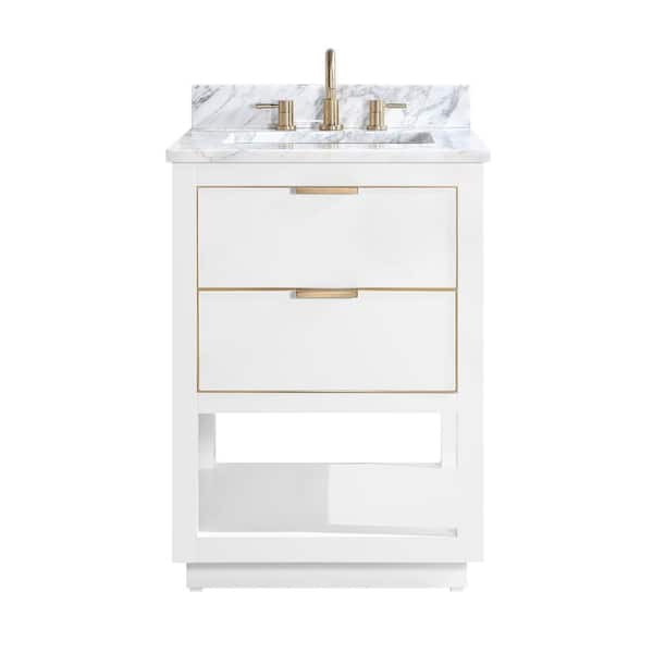 Allie 25 in. Single Sink White with Gold Trim Bath Vanity with Carrara White Marble Top