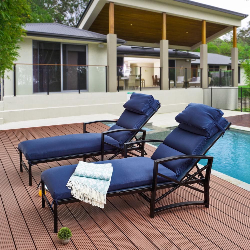 Patio Festival 2-Piece Metal Outdoor Chaise Lounge with Blue Cushions  PF19301-B - The Home Depot