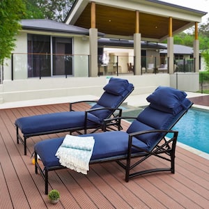 2-Piece Metal Outdoor Chaise Lounge with Blue Cushions