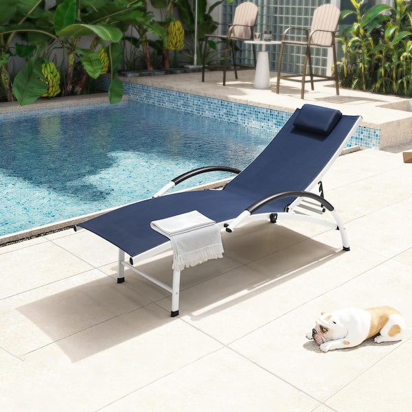 Pellebant 1-Piece Aluminum Adjustable Outdoor Chaise Lounge with Headrest in Navy Blue