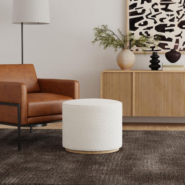 Homepop Cloud White Textural Boucle Fabric Round Ottoman with Wood Base