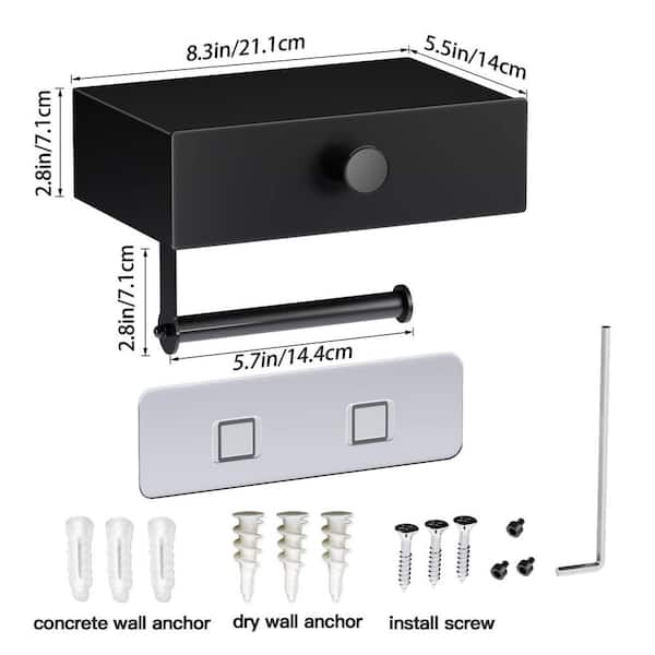 Wall-Mount Toilet Paper Holder in Matte Black with Drawer, Self Adhesive Toilet Paper Roll Holder with Storage