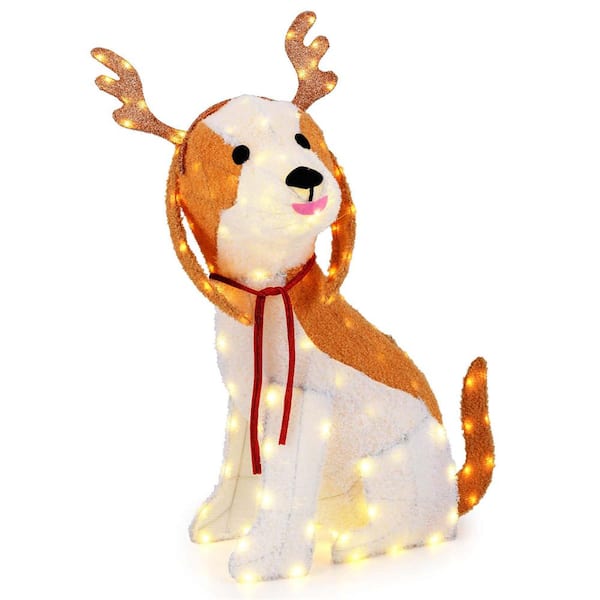 27.6 in. Brown Christmas Dog with LED Lights 4 Ground Stakes Cable Tiers for Yard Patio