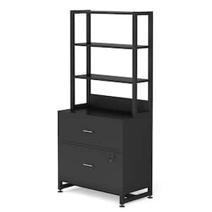 Calvin Black Lateral Particle Board File Cabinet Printer Stand with 4 Shelves and 2 Drawers