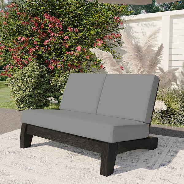 Uixe Acacia Wood Black Frame Outdoor Club Armless Loveseat with Gray Cushions (Set of 1)