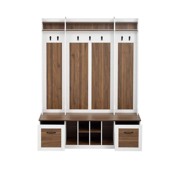 Polibi Modern Hall Tree with Coat Rack 7 Sturdy Hooks 2 Spacious Drawers and Adjustable Shelves Metal Handles, Brown plus White