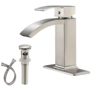 Waterfall Single Hole Single-Handle Low-Arc Bathroom Sink Faucet With Pop-up Drain Assembly In Brushed Nickel