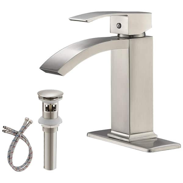 BWE Waterfall Single Hole Single-Handle Low-Arc Bathroom Sink Faucet With Pop-up Drain Assembly In Brushed Nickel