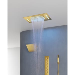 31-Spray LED 23L X 15W in. and 10 in.  Ceiling Mount Fixed Shower Head with handheld with Music in Brushed Gold