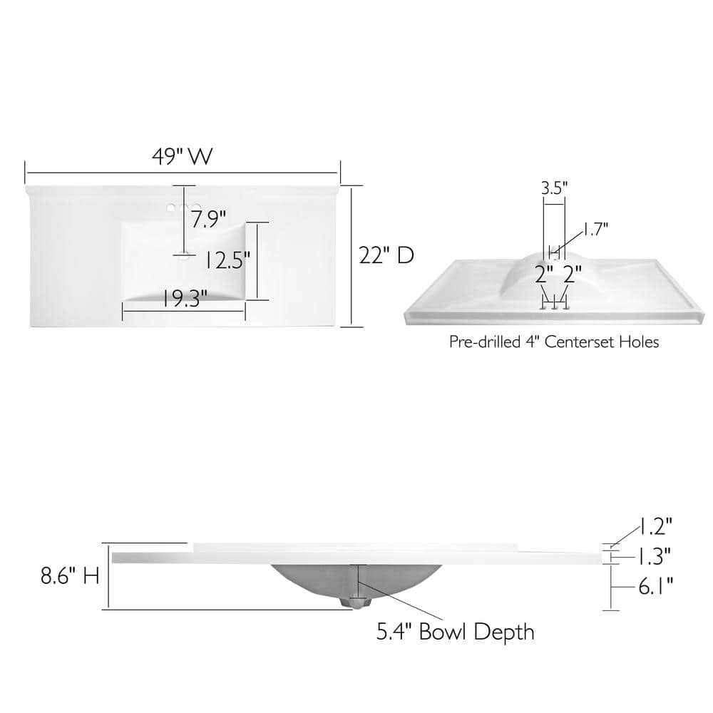 49-Inch Solid White Cultured Marble Vanity Top with Integrated Sink and Backsplash