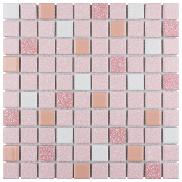 Merola Tile Crystalline Straight Edge Square Pink 11-3/4 in. x 11-3/4 in. Porcelain Mosaic Tile (29.4 sq. ft./Case)