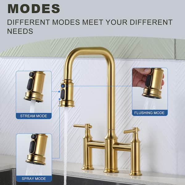 Brass Double Handle Bridge Kitchen Faucet with 3-Mode Pull-Down Sprayer and 1 or 3-Hole Install in Gold