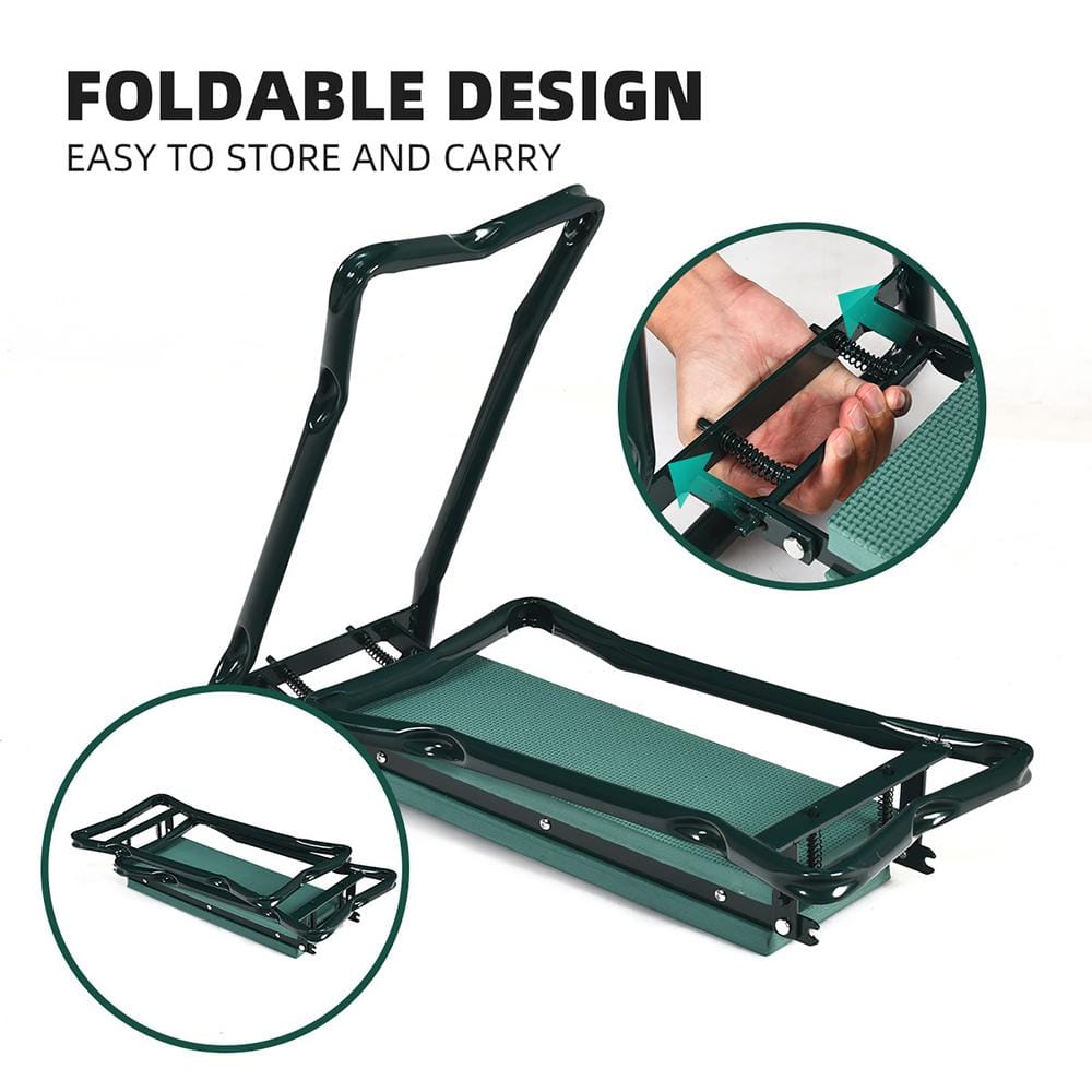 Green and Beige Metal Folding Garden Kneeler Seat Bench with Tool Pouches