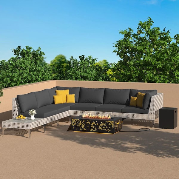 Unbranded 9-Piece Outdoor Fire Pit Patio Set Conversation Set with LED Fire Pit Table, Dark Gray Cushions and 2 Coffee Tables