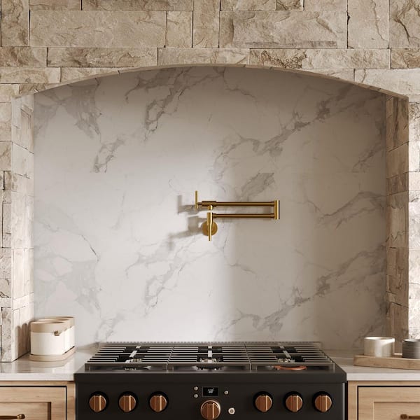 25in. Wall‑Mounted Pot Filler Kitchen Faucet with Dual Handles, 360° Swivel Foldable Spout in Brushed  Gold