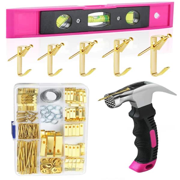 Hanging Hardware Kit with Hammer Level Organizer Nails Hooks Wire D Rings Sawtooth Hangers 100 lb Capacity 218 Pieces