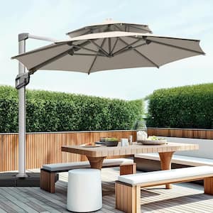 11 ft. 2 Tiers Aluminum Patio Umbrella Offset Cantilever Umbrella with Unlimited Tilting System And Cross Base in Beige