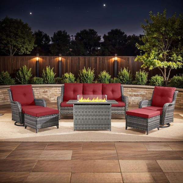 moosprr Arcline 6-Piece Gray Wicker Fire Pit Conversation Set with Olefin Red Cushions and Swivel Glider Rocking Chairs/Couch