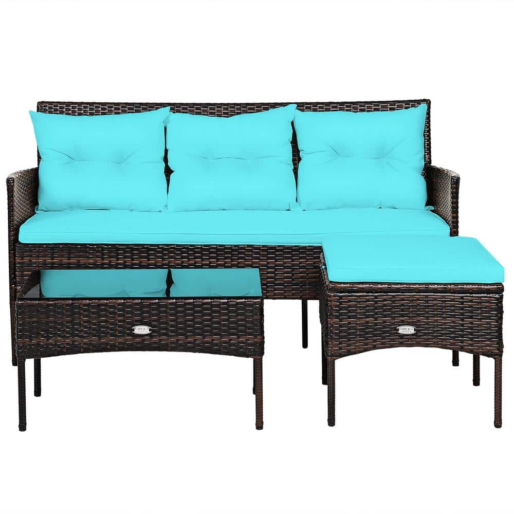 3-Piece Patio Rattan Sectional Conversation Furniture Set with Turquoise Cushions