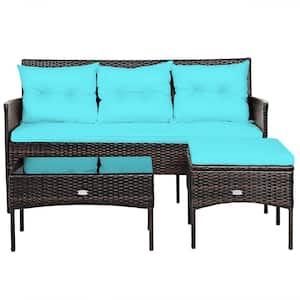 3-Piece Patio Rattan Sectional Conversation Furniture Set with Turquoise Cushions