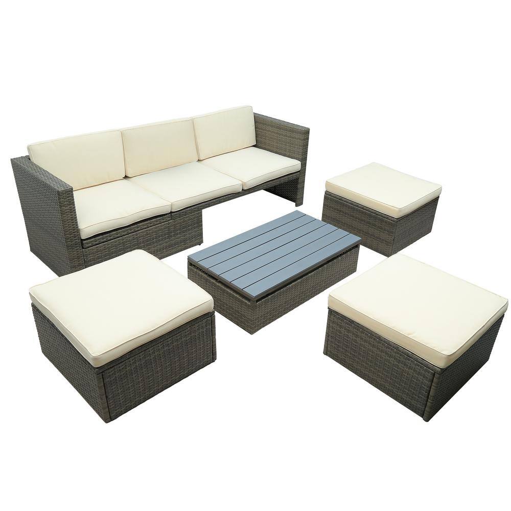5-Piece Wicker Outdoor Patio Conversation Sectional Sofa Seating Set with Beige Cushions and Lift Top Coffee Table price history on PriceWatchPro