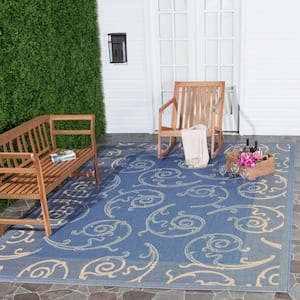 Courtyard Blue/Natural 8 ft. x 11 ft. Border Indoor/Outdoor Patio  Area Rug