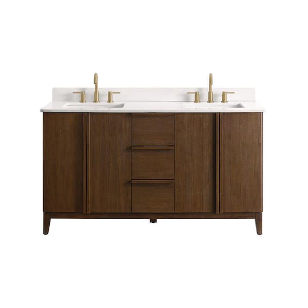 Sellan 61 in. Double Sink Dark Walnut Bath Vanity with Calacatta White Quartz Top (Assembled)