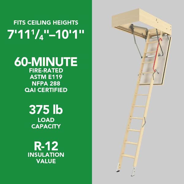 LWF60 Fire-Rated Insulated Wood Attic Ladder 7 ft. 11-1/4 in.-10 ft. 1 in., 30 in. x 54 in. with 375 lbs. Load Capacity