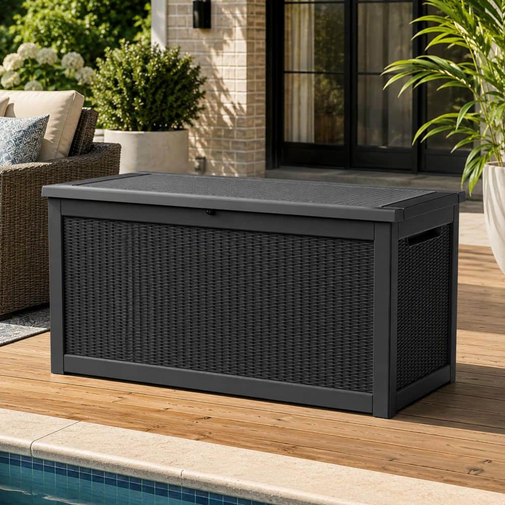 320.0 Gal. Jumbo Black Rattan Weave Resin Deck Box with Dual Gas Struts 880 lbs. Lid Capacity Outdoor Storage Box