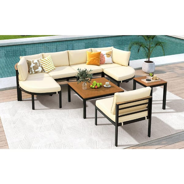 Modern 9-Piece Metal Iron Patio Conversation Sectional Seating Set with Beige Cushions