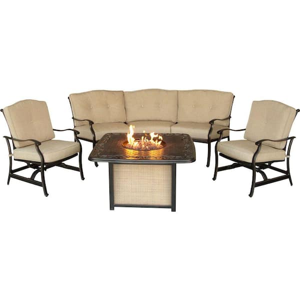 Hanover Traditions 4-Piece Patio Fire Pit Lounge Set with Cast-Top Fire Pit and Natural Oat Cushions