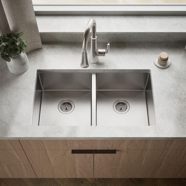 Strive Undermount Stainless Steel 32 in. Double Bowl Kitchen Sink Kit