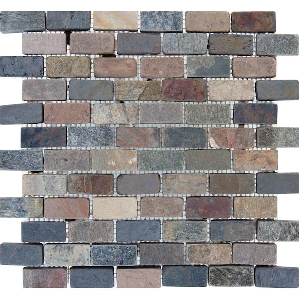 Unbranded Mixed Brick 12 in. x 12 in. x 10 mm Tumbled Slate Mesh-Mounted Mosaic Tile