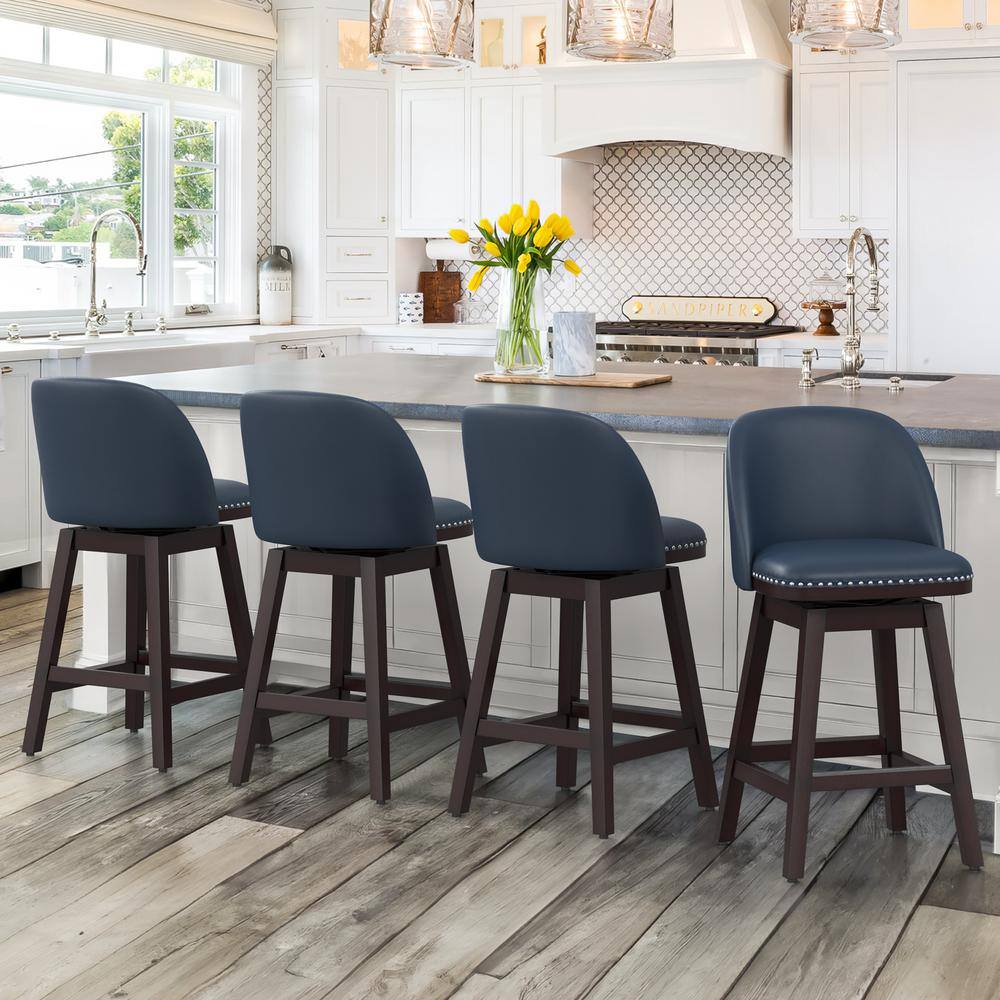 Navy Blue Wood Frame Swivel Counter Stools with Faux Leather, Set of 2