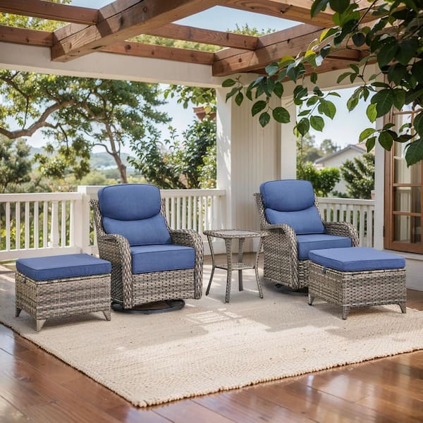 Arcadia Gray 5-Piece Wicker Swivel Rocker Patio Conversation Set with 6 in. Thick Navy Blue Cushions and Ottomans