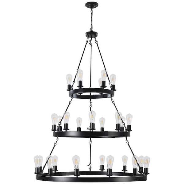 Thebes 45 in. 27-Light Matte Black 3-Tier Wagon Wheel Chandelier Light Fixture for Living Room