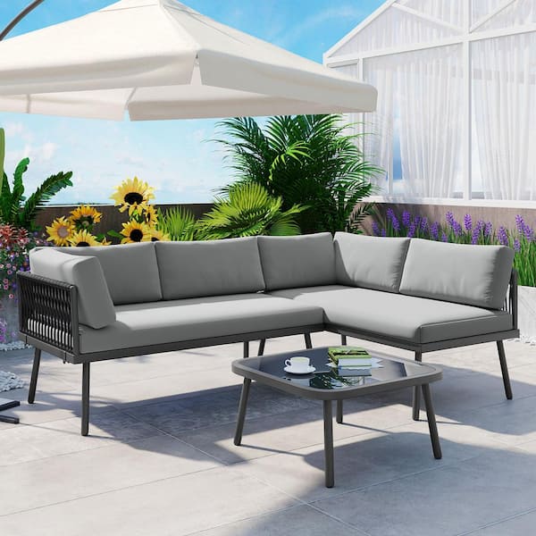 Harper & Bright Designs 3-Piece Dark Gray Metal All Weather Patio Outdoor Sectional Set with Gray Cushions and Glass Table