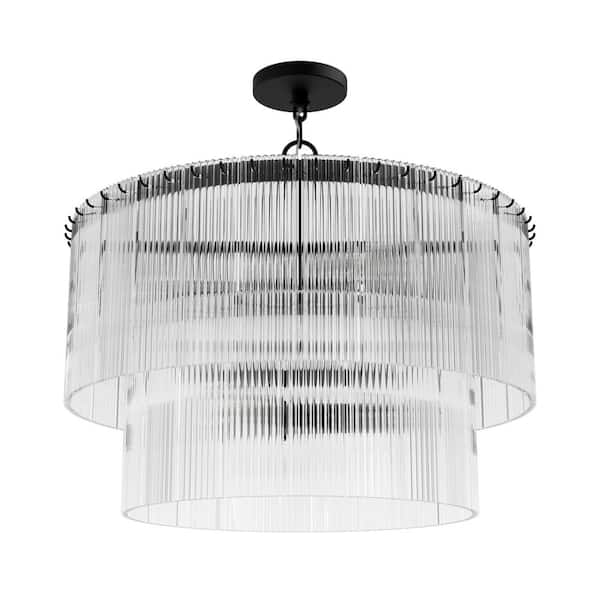 Ontario 60-Watt 6 Light Matte Black Waterfall Pendant Light with Ribbed Glass Shades, No Bulbs Included